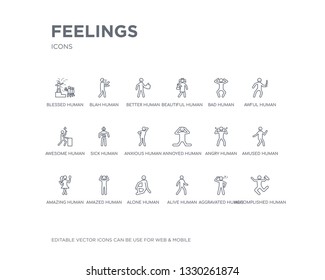 simple set of feelings vector line icons. contains such icons as accomplished human, aggravated human, alive human, alone amazed amazing amused angry annoyed and more. editable pixel perfect.