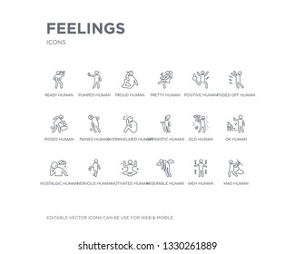 simple set of feelings vector line icons. contains such icons as mad human, meh human, miserable human, motivated nervous nostalgic ok old optimistic and more. editable pixel perfect.