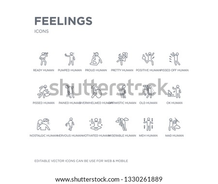 simple set of feelings vector line icons. contains such icons as mad human, meh human, miserable human, motivated nervous nostalgic ok old optimistic and more. editable pixel perfect.