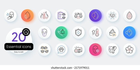 Conjunto simple de temperatura de fiebre, termómetro electrónico e iconos de línea de distancia social. Incluya los Dumbombls, la caída del petróleo, los íconos de donación de sangre. Hombre enfermo, termómetro alto. Vector