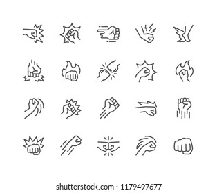 Simple Set of Fight Related Vector Line Icons. Contains such Icons as Fist Bump, Hit, Strike and more. Editable Stroke. 48x48 Pixel Perfect.