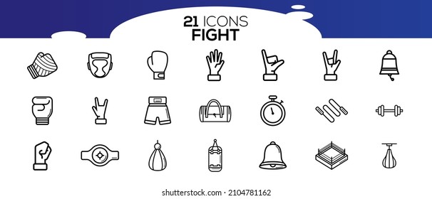 Simple Set of Fight Related Vector Line Icons. Fighting, wrestling, martial arts and boxing icons.Competition icon set. Included icons as versus, competitor, game, sport, rival and more.