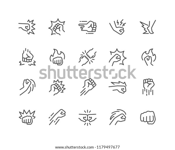 Simple Set of Fight Related Vector Line Icons.\
Contains such Icons as Fist Bump, Hit, Strike and more. Editable\
Stroke. 48x48 Pixel\
Perfect.