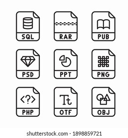Iconos de línea de vectores de extensión de archivo simple