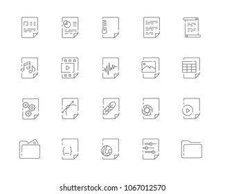 Simple set of File types vector line web icons. Contains such Icons as Document DOC, Presentation PPT, Table XLS, Video AVI, Image JPG and more. Editable Stroke. 48x48 Pixel Perfect.