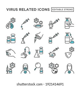 simple set fill of virus related icons, symbol,  Medical Syringe vector, line, Vaccine, face mask for medical care