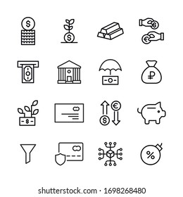 Simple set of finance icons in trendy line style. Modern vector symbols, isolated on a white background. Linear pictogram pack. Line icons collection for web apps and mobile concept.