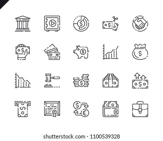 Simple Set Finance Line Icons for Website and Mobile Apps. Contains such Icons as Taxes, Money, Building, Currency, Banking, Handshake. 48x48 Pixel Perfect. Vector illustration.