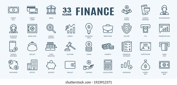 Simple Set of Finance, Online Payment and Money Related Vector Line Icons. Contains thin Icons as bank, wallet, exchange and more. Editable Stroke. 48x48 Pixel Perfect