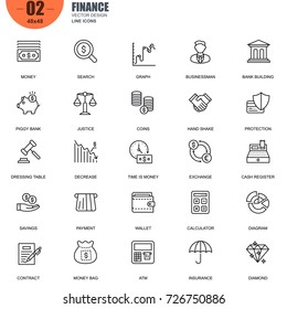Juego simple de iconos de línea de vectores relacionados con las finanzas. Contiene iconos como Cartera, Cajero Automático, Mano con Moneda, Edificio Bancario, Diagrama, Gráfico, Intercambio y más. Trazo editable. 48x48 Pixel Perfecto.