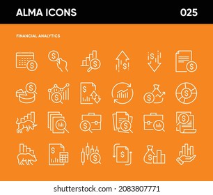 Simple Set of Financial Analytics Related Vector Line Icons. Contains such Icons as Portfolio Analysis, Financial Report, Bear Market, Bull Market, Gainers, Loosers and more. 64x64 Pixel Perfect.