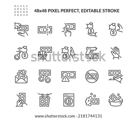 Simple Set of Financial Crime Related Vector Line Icons. 
Contains such Icons as Bribe, Money Laundering, Payment for Silence and more. Editable Stroke. 48x48 Pixel Perfect.