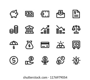 Simple Set of Financial Related Vector Line Icons. Contains such Icons as piggy, money, wallet, bill, coins and More. pixel perfect vector icons based on 32px grid editable strokes. svg