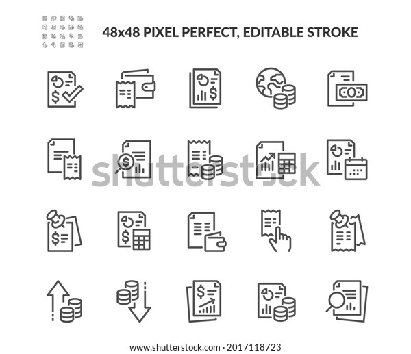 Simple Set of Financial Report\
Related Vector Line Icons. \
Contains such Audit, Receipt list,\
Expenses document and more. Editable Stroke. 48x48 Pixel\
Perfect.