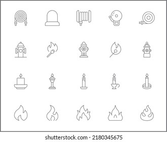 Simple Set of fire Related Vector Line Icons. Contains such Icons as candle, disaster, fireplace, firefighter, hydrant, safety, light symbols and more.