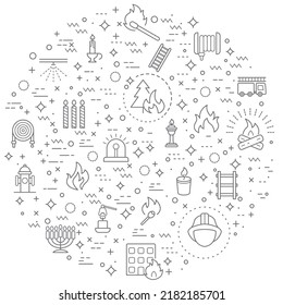 Simple Set of fire Related Vector Line Illustration. Contains such Icons as candle, disaster, fireplace, firefighter, hydrant, safety, light and Other Elements.