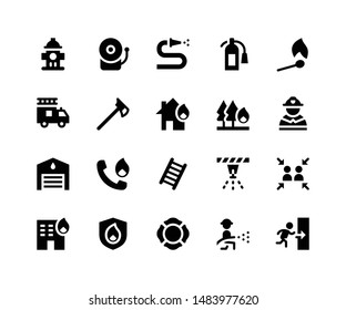 Simple Set of Firefighter Related Vector Glyph Icons. Contains such Icons as hydrant, alarm, hose, extinguisher and More. pixel perfect vector icons based on 32px grid. Well Organized and Layered