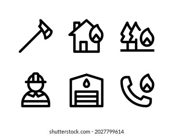 Conjunto simple de iconos de línea de vectores relacionados con bomberos. Contiene iconos como hacha, quemadura de casa, bosque, bombero y más.