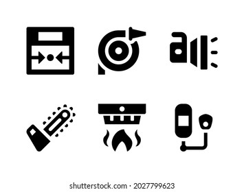 Simple Set of Firefighter Related Vector Solid Icons. Contains Icons as Flashlight, Chain Saw, Smoke Detector, Oxygen Tank and more.