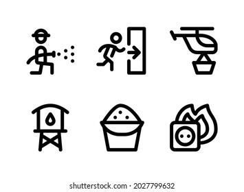 Simple Set of Firefighter Related Vector Line Icons. Contains Icons as Spray, Exit Direction, Helicopter, Water Tower and more.