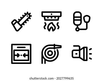 Simple Set of Firefighter Related Vector Line Icons. Contains Icons as Chain Saw, Smoke Detector, Oxygen Tank, Flashlight and more.