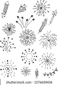 Simple Set of Fireworks Happy New Year Vector Line an Fill Icons