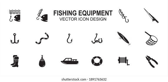 Simple Set of fishing fishermen Related style Vector icon user interface graphic design. Contains such Icons as fish, fish hook knot, fishing rod, reel, double hook, floater, plier, net, boat