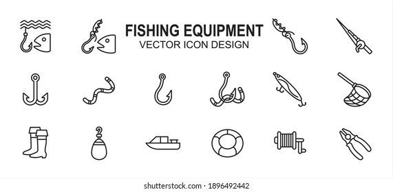 Einfache Gruppe von Fischern Verwandte lineale Stil Vector Icon Benutzeroberfläche Grafik-Design. Enthält Symbole wie Fisch, Fischhaken, Angeldraht, Rollen, Doppelhaken, Schwimmer, Leder, Netz, Boot