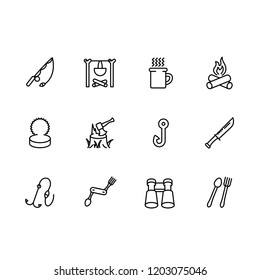 Simple set fishing, hunting, tourism, camping vector line icon. Contains such icons fishing rod, ax, knife, firewood, bonfire, food, tea, binoculars, camp canned food equipment for cooking and more