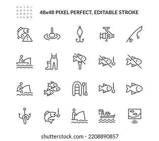 Conjunto simple de iconos de línea de vectores relacionados con la pesca. 
Contiene íconos como el equipo de Fisherman, No coma letreros, Echo Sounder y más. Stroke editable. 48x48 Pixel Perfecto.