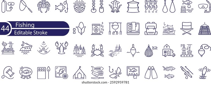 Simple Set of Fishing Related Vector Line Icons. Contains such Icons as Fisherman's equipment, Do not eat sign, Echo Sounder and more.