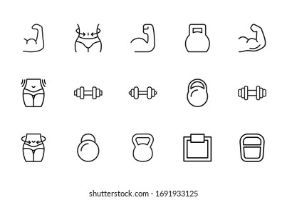 Simple set of Fitness icons in trendy line style. Modern vector symbols, isolated on a white background. Linear pictogram pack. Line icons collection for web apps and mobile concept.
