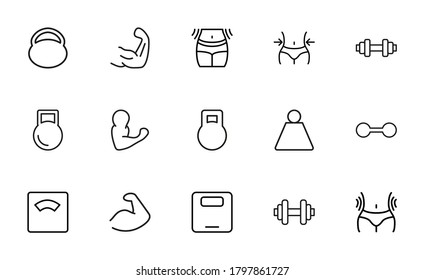 Simple set of fitness icons in trendy line style. Modern vector symbols, isolated on a white background. Linear pictogram pack. Line icons collection for web apps and mobile concept.