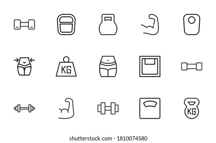 Simple set of fitness icons in trendy line style. Modern vector symbols, isolated on a white background. Linear pictogram pack. Line icons collection for web apps and mobile concept.