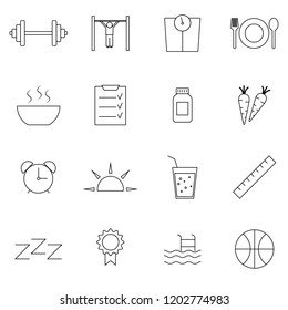Simple Set of Fitness Related Vector Line Icons. Contains such Icons as Workout, Sleep, Diet Plan, Sport Supplements, Nutrition and more.