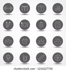 Simple Set of Fitness Related Vector Line Icons. Contains such Icons as Workout, Sleep, Diet Plan, Sport Supplements, Nutrition and more.
