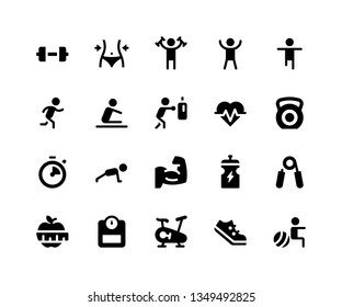 Simple Set of Fitness Related Vector Glyph Icons. Contains such Icons as dumbbell, exercise, run, boxing, push up and More. pixel perfect vector icons based on 32px grid. Well Organized and Layered