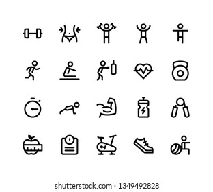 Simple Juego de Iconos de Línea Vectora Relacionados con el Fitness. Contiene tales íconos como timbre, ejercicio, correr, boxeo, empujar y más. iconos vectoriales perfectos de píxeles basados en la cuadrícula de 32px. Trazos editables