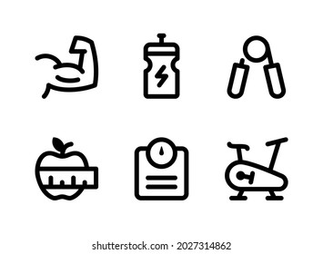 Simple Set of Fitness Related Vector Line Icons. Contains Icons as Muscle, Energy Drink, Gripper, Diet Food and more.