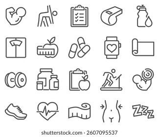 Simple set of fitness related vector line icons. Contains such icons as workout, sleep, diet plan, sports supplements, nutrition and more.