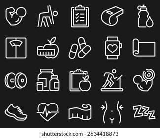 Simple set of fitness related vector line icons. Contains such icons as workout, sleep, diet plan, sports supplements, nutrition and more.