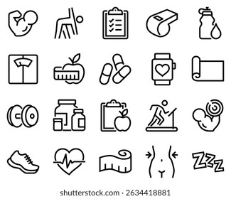 Simple set of fitness related vector line icons. Contains such icons as workout, sleep, diet plan, sports supplements, nutrition and more.