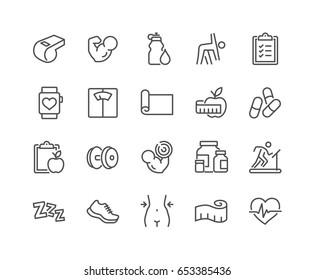 Simple Set of Fitness Related Vector Line Icons. 
Contains such Icons as Workout, Sleep, Diet Plan, Sport Supplements, Nutrition and more.
Editable Stroke. 48x48 Pixel Perfect.