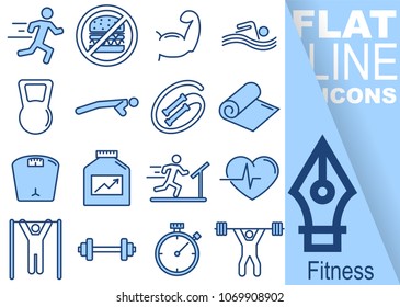 Simple Set of fitness vector flat line blue Icons - run, muscles, swim, crank, rope, towel, weight, protein, cardio, stretches, glue, time, weight lifting