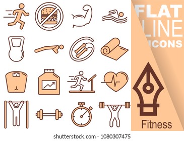 Simple Set of fitness vector flat line red Icons - run, muscles, swim, crank, rope, towel, weight, protein, cardio, stretches, glue, time, weight lifting