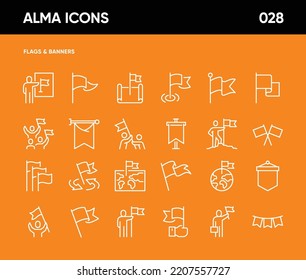 Simple Set of Flag Related Vector Line Icons. Contains such Icons as Banner, Crossing Flags, Goal, Victory, Achievement, Accomplishment, Success, Map with a Flag and more. 64x64 Pixel Perfect.