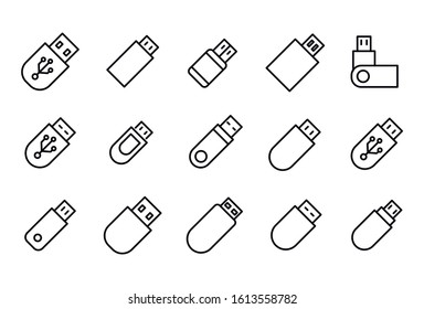 Simple set of flash drive modern thin line icons. Trendy design. Pack of stroke icons. Vector illustration isolated on a white background. Premium quality symbols.