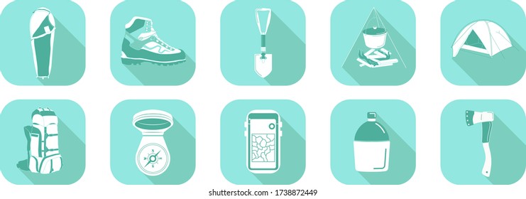 Simple set flat icons on the theme of tourism, hiking and outdoor activities. A large selection of necessary thing for outdoor activities.
