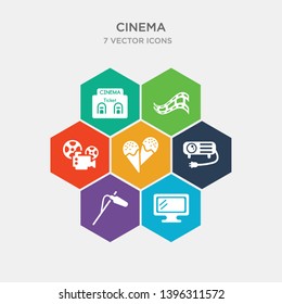 simple set of flat tv, movie microphone, projector with plug, stripped ice cream cone icons, contains such as icons movie projector front view, film negatives, cinema ticket window and more. 64x64