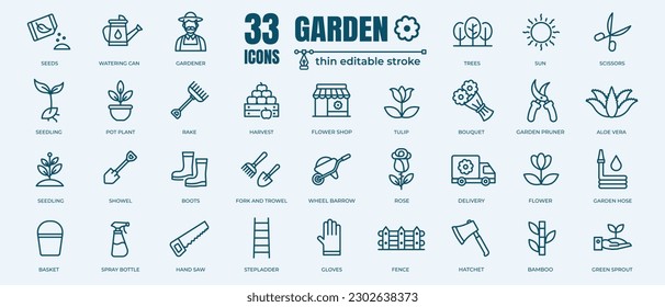 Sencillo conjunto de Iconos de la línea de vectores relacionados con Flores, Jardín y Jardines. Contiene Iconos finos como planta, agricultura y jardinera. Stroke editable. 48x48 Perfecto para píxeles